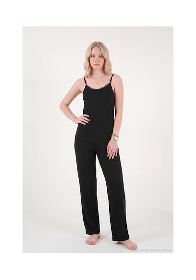Lela Dantel Detaylı İp Askılı Pijama Takımı Kadın Pijama Takımı 6578000 Siyah