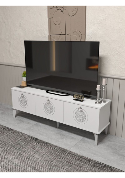 Tv Sehpası Tv Ünitesi Beyaz Gümüş 160 Cm Saraylı 5063 Metalik