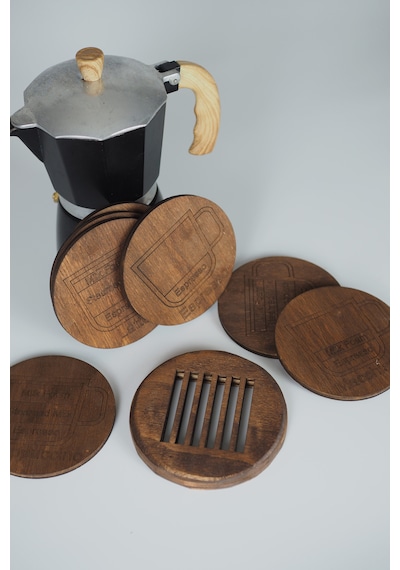 Kahve Temalı 6 Lı Ahşap Bardak Altlığı Seti Espresso/latte/cappuccino/mocha/americano/macchiato Koyu Çeviz