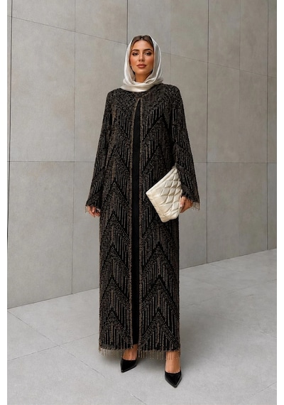 Nazzain İthal Boncuk İşlemeli Abaya Gold İşlemeli Çok Renkli