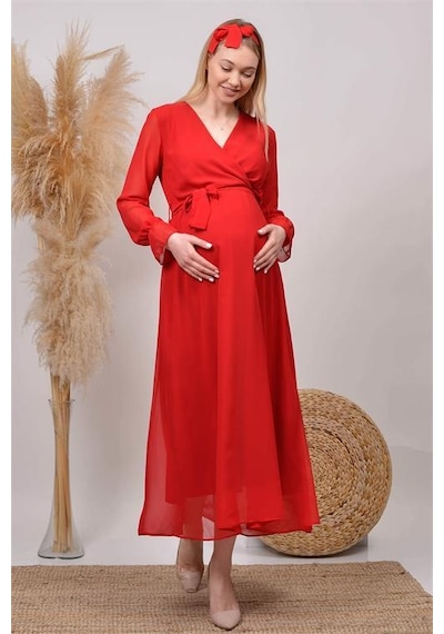 Dip Moda Kadın Beyaz Baby Shower Şifon Hamile Elbise Dphml003 Kırmızı