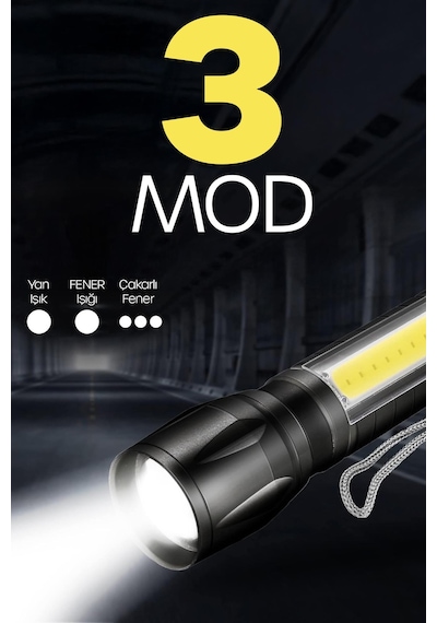 3 Mod Metal Şarjlı El Feneri Zoomlu Mini Boy Type-c Kutulu Cob Led Lamba Acil Durum Işığı 47701 Siyah