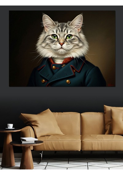Askeri Üniformalı Aristokrat Kedi Portresi Dekoratif Kanvas - Mdf Ahşap Tablo