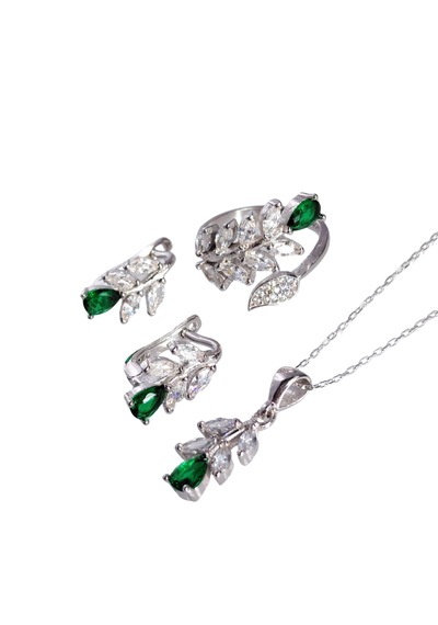 925 Ayar Gümüş Garnet Yeşil Yaprak Tasarım Kolye Küpe Yüzük Kadın Set Gümüş