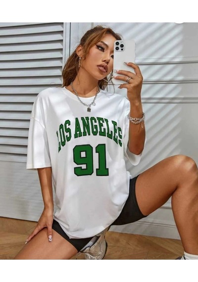 Bigümex Los Angeles Baskılı Oversize Kalıp Unisex T-shirt Beyaz
