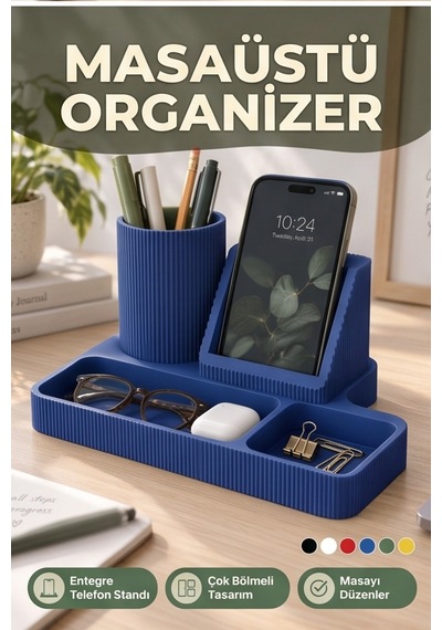 Masaüstü Organizer Telefon Standı Kalemlik Çok Amaçlı Masa Düzenleyici Mavi