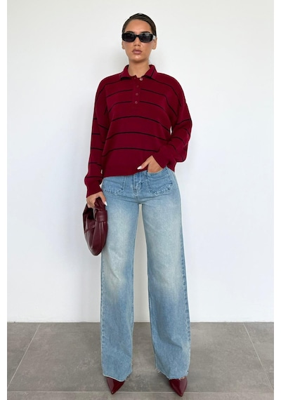 Madmext Bordo Çizgili Polo Yaka Kadın Triko Kazak Mg2470 Bordo