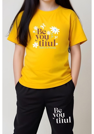 Fyk Kids Kız Çocuk Be You Tiful Baskılı Alt-üst Takım Sarı