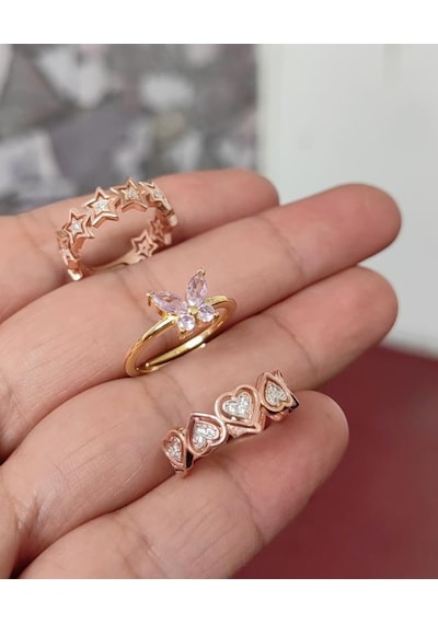 Ortası Taşlı Sıralı Kalpli Gümüş Yüzük - Ayarlanabilir Ölçü Pembe Altın