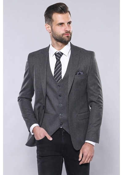 Düz Gri Slim Fit Yelek Ceket Set Wessi 001