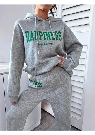 Meilifeng Kadın Gri Happiness Alt Üst Eşofman Takımı Oversize Kapüşonlu Gri
