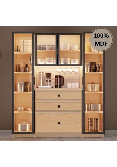 Meşe Mdf Kahve Köşesi Dolabı 4 Kapak Çekmeceli Işıklı Bej