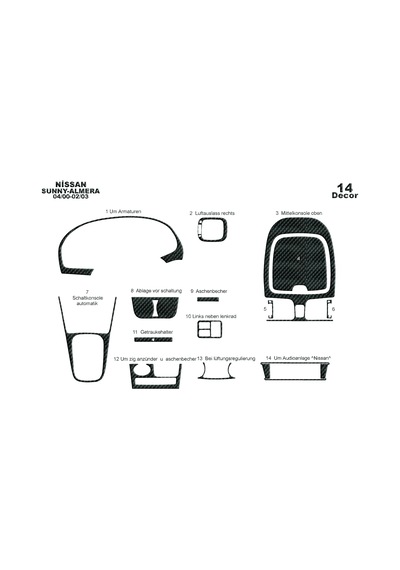 Nissan Sunny Almera Torpido Kaplama 2000-2003 14 Parça Karbon