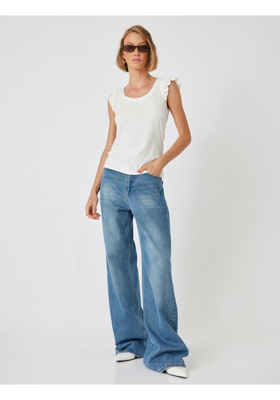 Koton Fırfırlı Karpuz Kol Tişört Yuvarlak Yaka Ribanalı Slim Fit Beyaz 5wak10179ek Beyaz