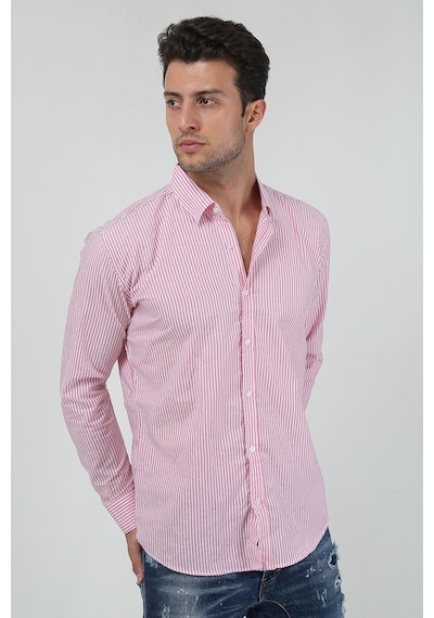 Erkek Kalın Dik Çizgili Uzun Kollu Slim Fit Gömlek 21y-4300599 Kırmızı Kırmızı