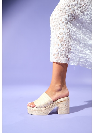 Luvishoes Luvi Shoes Herz Bej Hasır Tek Bantlı Kadın Platform Topuklu Terlik Bej