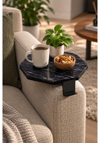 Sulorahome Ayarlanabilir Sekizgen Yan Sehpa Siyah Mermer Desenli