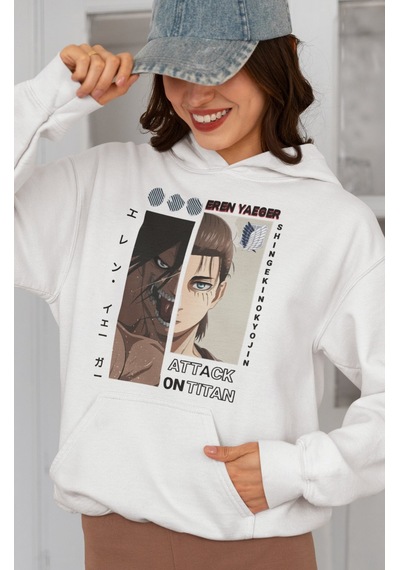 Sevbano Attack On Titan Eren Yeager Baskılı Unisex Oversize Anime Karakte beyaz