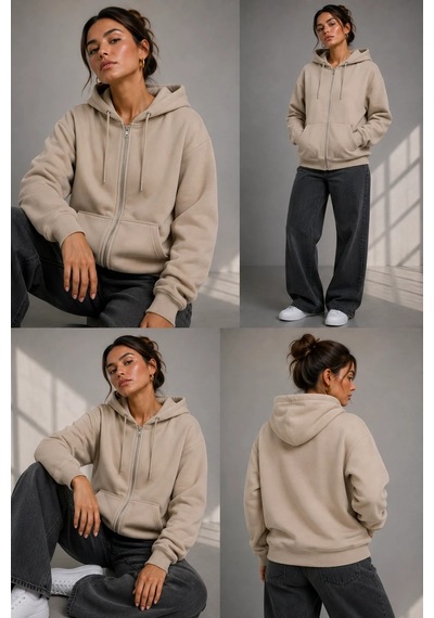 Bb Butik Basic Kadın Oversize Fermuarlı Kapüşonlu Sweatshirt Üç İplik Sweatshirt Hırka My3535 Bej Bb Butik Basic Kadın Oversize Fermuarlı Kapüşonlu Sweatshirt Üç İplik Sweatshirt Hırka My3535 Bej