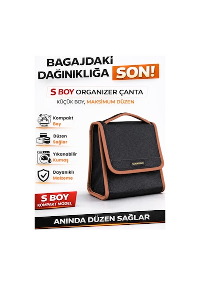 Oto Bagaj Organizer Bagaj Çantası S Boy Kaymaz Cırt Bantlı Velur Kompakt - Siyah Kahverengi