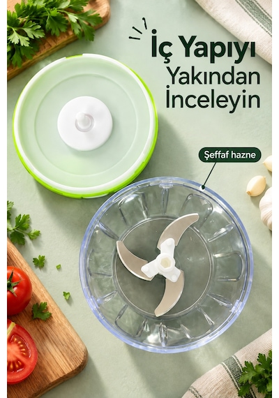 İpli Rondo Yeşil Kapaklı Şeffaf Hazneli Sebze Doğrayıcı