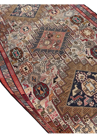 El Dokuma İran Şahseven Kilimi 113x190 Kırmızı Kök Boya %100 Yün Kilim Renkli