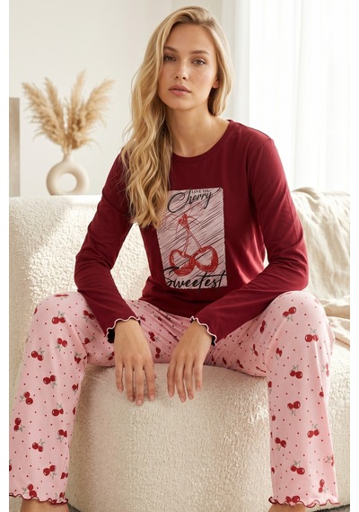 Siyah İnci Pamuklu Likralı Bisiklet Yaka Örme Pijama Takım26240288 Bordo