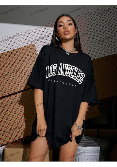 Startmore Los Angeles Baskılı Oversize Kalıp Unisex T-shirt Siyah