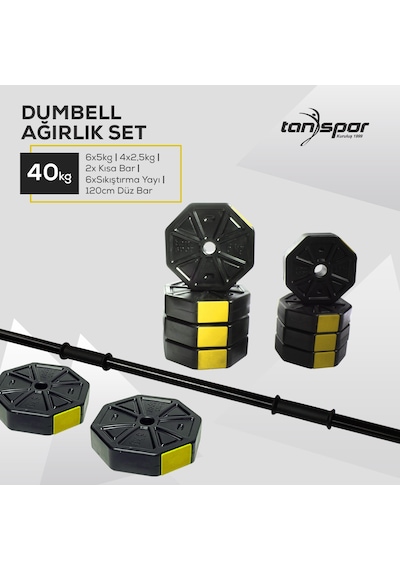 Tan Spor 40KG Dambıl Ağırlık Halter Ağırlık Kısa Bar ve 150 cm Düz Bar Seti