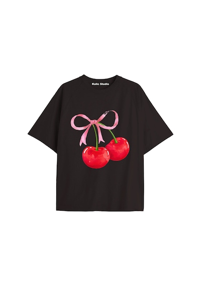Kalic Studio Y2k Vintage Cherry Baskılı Siyah T-shirt Kod 92 Siyah-92