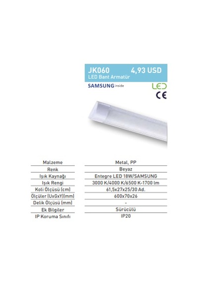 Jupiter Jk60 18w 3000k Sarı Işık Bant Armatür