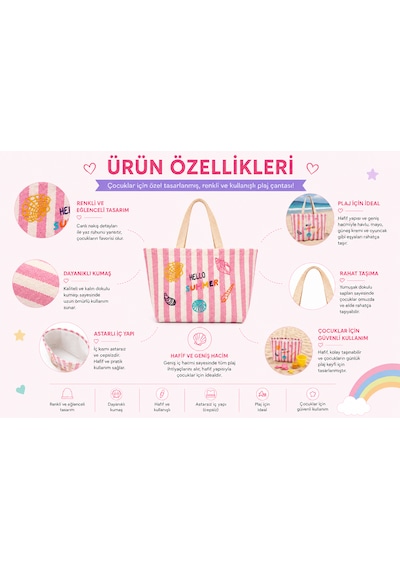 İcone Bag Çocuk Plaj Çantası, Nakışlı Çizgili Kız Plaj Çantası, Kids Beach Bag, Lila Çizgili Çocuk Plaj Çantası Pembe