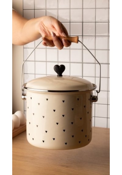 Black Cupid Kalp Desenli Emaye Yoğurt/bakliyat Bakracı 20cm-3 Litre-tüm Ocaklarla Uyumlu Bej