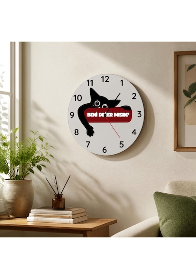 Beni Sever Misin Tasarımlı Siyah Kedi Metal Duvar Saati - 29 Cm Modern Mutfak Ve Salon Saati Beyaz