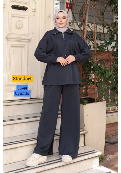 Balenbi Kadın Oversize Kesim Fermuarlı Yaka Bel Stoperli Modal Takım 1234 Füme
