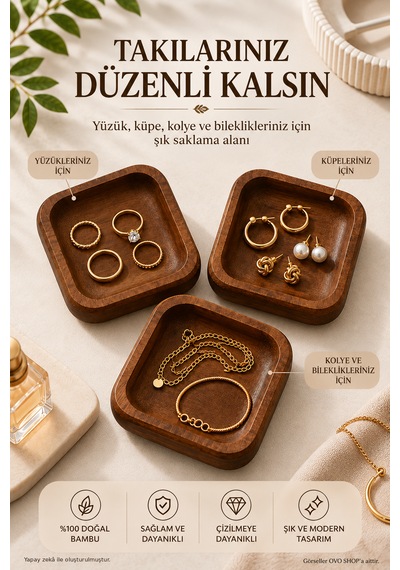 Bambu Kare 3'lü Çerezlik Kahverengi