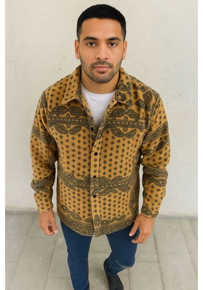Mbb E-ticaret Erkek Düğmeli Gömlek Polar Sweatshirt Yumuşak Dokulu Oversize Kalıp -sarı