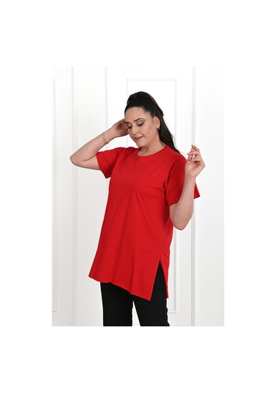 Kadın Bisiklet Yaka Yırtmaç Detaylı Büyük Beden Tshirt 9633-22 001