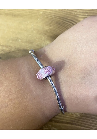 Kadın Pembe Çiçek Desenli Murano Model Gümüş Charm