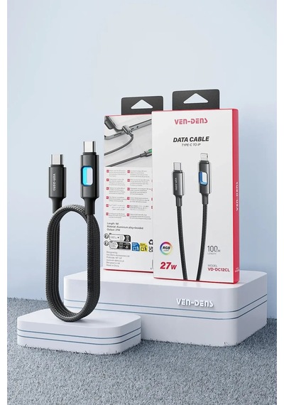 Ven-dens Vd-dc12cl 27 W Pd Type-c To Lightning Hızlı Şarj Ve Veri Kablosu, 1 Metre, Naylon, Siyah