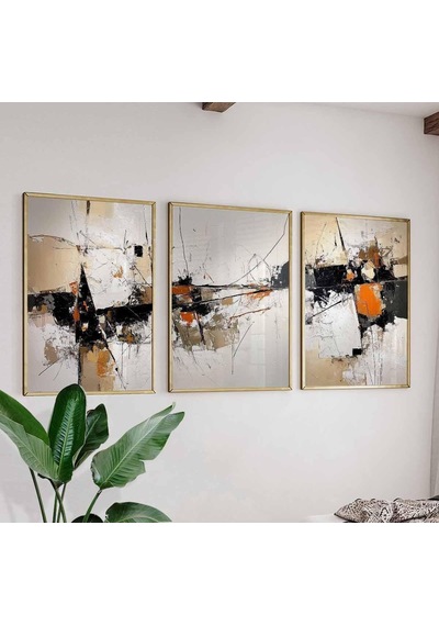 Soyut Geometrik Sanat Seti, Modern Siyah Ve Turuncu Duvar Sanatı, Minimalist Sanat Baskıları, Çağdaş Manzara Japon Poster Seti 3 Parça