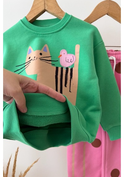 Monila Kız Çocuk Yeşil Kedi Baskılı Pamuklu Sweatshirt Ve Pembe Puantiyeli Eşofman Alt Üst Takım