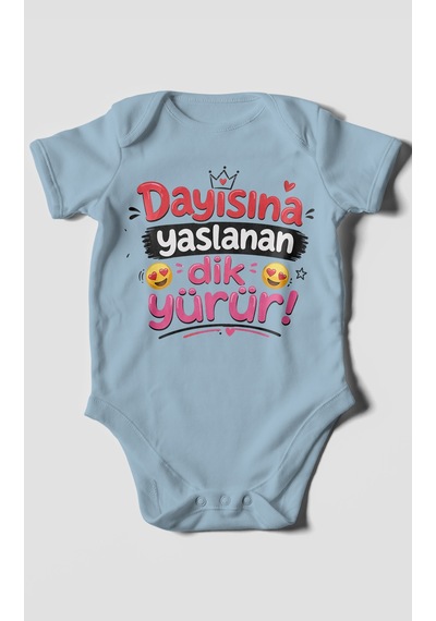 Morivokids Dayısına Yaslanan Dik Yürür Kısa Kollu Bebek Body %100 Pamuk Zbn255-kk Bebe Mavisi
