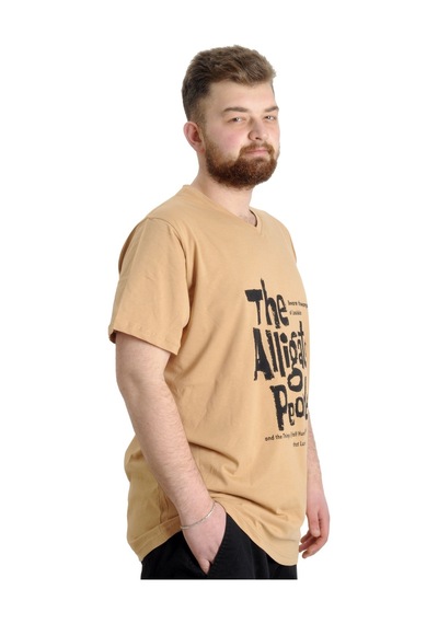 Mode Xl Büyük Beden Erkek V Yaka T-Shirt Allıgator Bej 001