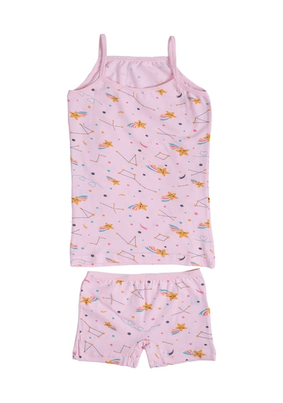 Hepsine Rakip Kız Çocuk İp Askılı Desenli Atlet Boxer Takım Pamuklu Yumuşacık Pembe