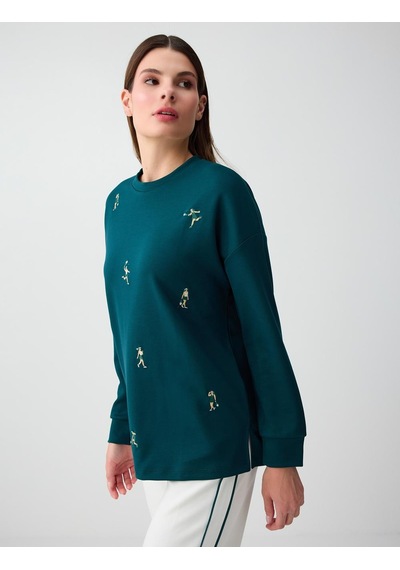 Jimmy Key Koyu Yeşil Bol Kesim Uzun Kollu Desenli Sweatshirt 6sw237193320