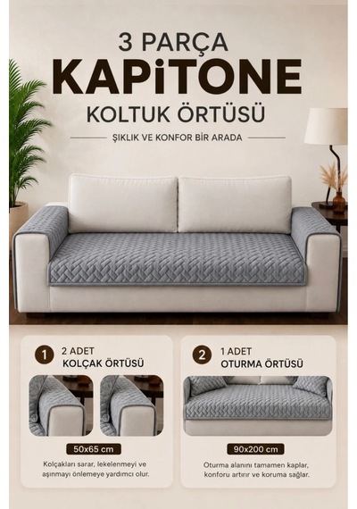 3 Parça Kaymaz Taban Kapitone 3'lü Koltuk Örtüsü Çekyat Kanepe Seti 90x200 Gri Gri