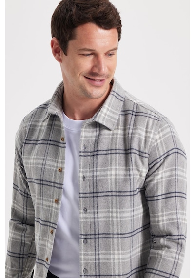 Tudors Erkek Slim Fit Dar Kesim Kareli Kışlık Oduncu Gömlek-42322 Gri