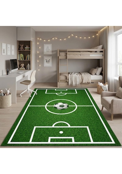 Futbol Sahası Desenli Çocuk Odası Halısı Kaymaz Tabanlı Yıkanabilir Dijital Baskı Halı Yeşil