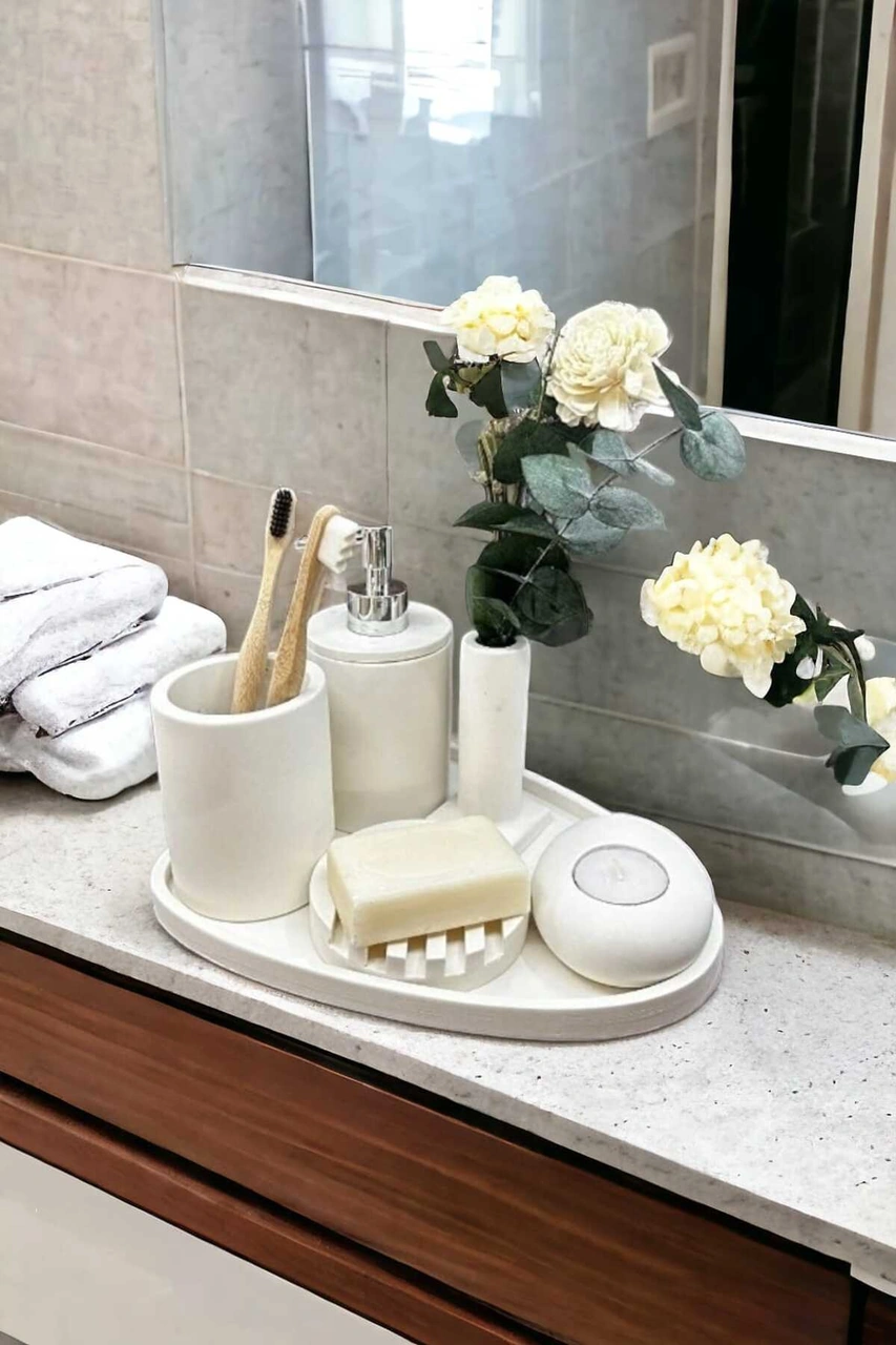 6'lı Kırık Beyaz Beton Banyo Seti Sıvı Sabunluk Diş Fırçalığı ,tepsili,mumluklu Aksesuar Takımı Beyaz